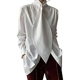 Oshoplive Women's Button Down Shirt Long Sleeve Stand Collar Tie Neck Blouses Loose Fit Tunic Tops for Work