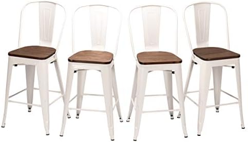 26" High Back Metal Counter Stool Height Barstools [Set of 4] for Indoor/Outdoor Bar Stools, White Wooden