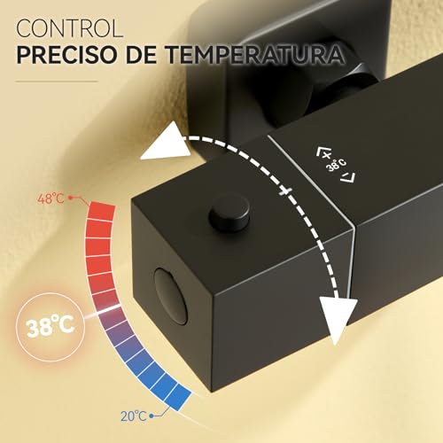 Auralum Grifo Termostático de Ducha, Cuerpo Frío Antiquemaduras con Botón de Seguridad 38°C, Mezclador Termostático de Pared, Cartucho Antical, Centros Ajustables 135-165 mm, Salida G1/2'', Negro