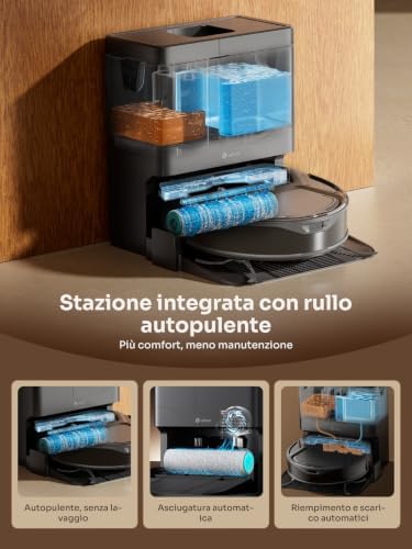 M210 Omni Robot Aspirapolvere Lavapavimenti con Rullo 20000Pa Anti Groviglio, Aspirapolvere Robot con Lavaggio ad Acqua Pulita, Contenitore 800ml, Ultra Sottile 85mm per Peli Animali, Grigio
