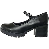 Soda Boxer Women Fashion Mary Jane Style Rounded Chunky Block Lug Sole Heel with Adjustable Strap (Black PU, us_Footwear_Size_System, Adult, Women, Numeric, Medium, Numeric_9)