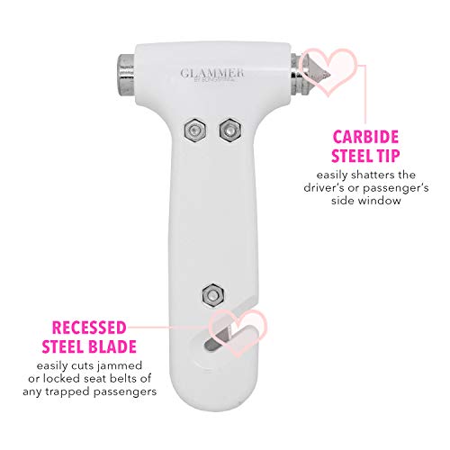 Car Window Breaker and Seatbelt Cutter - Women's Auto Emergency Vehicle Escape Hammer/Seat Belt Cutter the Glammer Hammer, Effective & Fashionable in White
