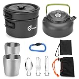 ODOLAND 10pcs Camping Cookware Mess Kit, Lightweight Pot Pan Kettle with 2 Cups, Fork Knife Spoon Kit for Backpacking, Outdoor Camping Hiking and Picnic