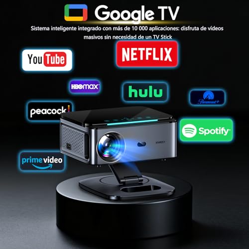 Projector 【1500 ANSI/Google TV/Auto Focus】 XIWBSY Portable Projector 38000 Lumens, Rotates 360°, WiFi 6 Bluetooth 5.3, Voice Control, Support 4K 1080P, Home/Outdoor Video Cinema Projectors
