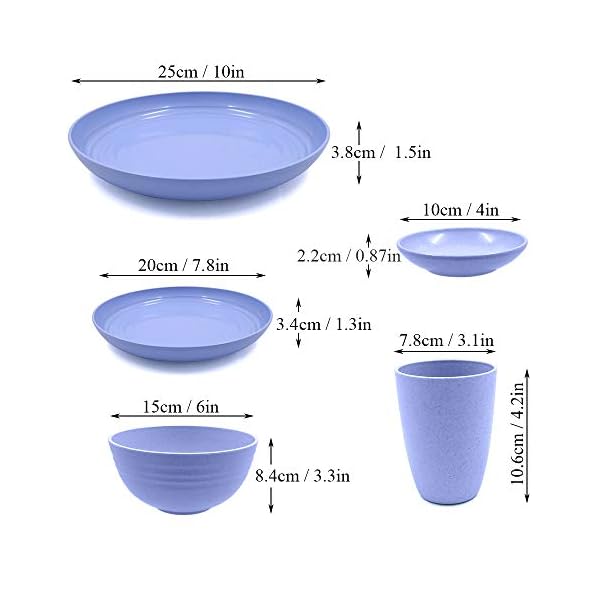 24Pieces Wheat Straw Dinnerware Set, Lightweight Plates Bowls Cups Dishes Set, Unbreakable Tableware Set for Picnic Party BBQ Camping (24pcs)