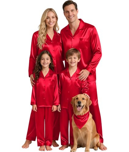SWOMOG Matching Family Pajamas Set Silky Satin Christmas Pj Set Long Sleeve Button Down Sleepwear 2 Pcs Couple Matching Set(Kids, Red, 12-13 Years) at Amazon