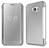Galaxy S7 Edge Case, Acessorz Fashion Luxury Glossy Mirror Clear View Smart Date/Time Premium [Hyperbolic Mirror] PC Wallet Flip Case Cover for Samsung Galaxy S7 Edge (Silver)