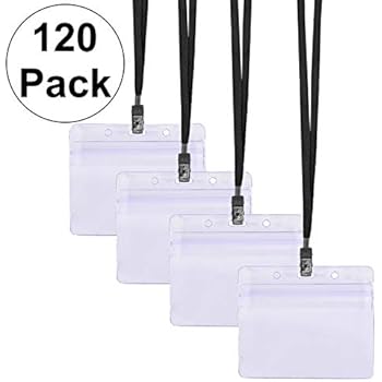 SEE-IT! 120 Name Tag Holders & Lanyards + White Insert Cards, Horizontal Clear Plastic Badge Protector ID Card Holder Waterproof Heavy Duty Reusable Adults Kids Business School Church Confrences