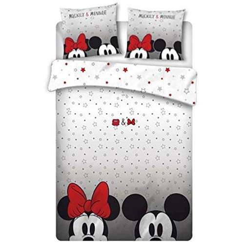 Mickey and Minnie Mouse Duvet Cover, Grey/White, Adult, 220 x 240 cm, 100% Microfibre
