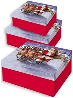 Set Of 3 Large Christmas Square Nested Gift Boxes - Traditional Santa & Reindeer