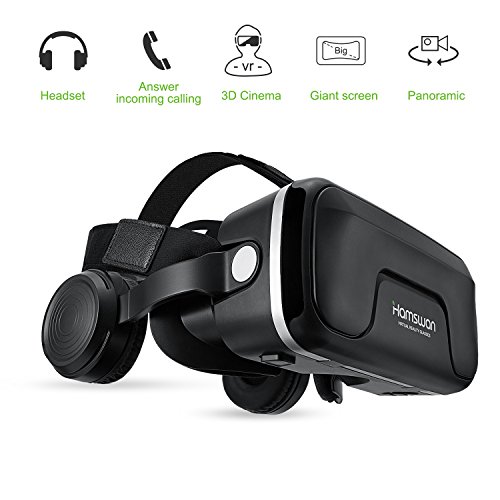 VR Headset, HAMSWAN 3D VR Glasses Virtual Reality Glasses with Built-in Headset 120 Degree FOV and Multifunction Button Compatible with iPhone, Samsung and Other Smartphone