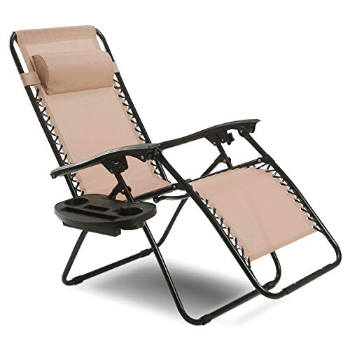 Goplus Folding Zero Gravity Reclining Lounge Chairs Outdoor Beach Patio W/Utility Tray (Beige)