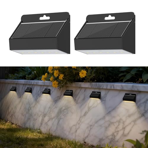 Smiling Shark Luces Solares LED Exterior, Aplique Solar Exterior IP65 Impermeable Lampara Solar de Pared para Jardín Valla Jardín Escaleras Patio Terraza, Blanco Calido (2)