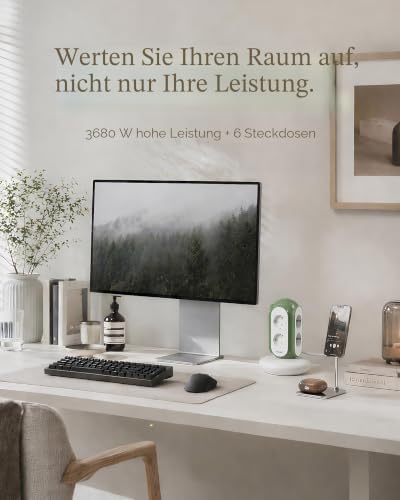 Steckdosenturm Mehrfachsteckdose 6-Fach mit Schalter, 3680W/16A, 1420J Überspannungsschutz, 2 m Kabel, 479g Standfuß, Überlastschutz, 850°C Gehäuse, Büro & Schlafzimmer (Basaltgrau)