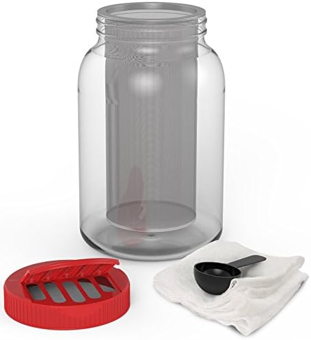 KombuJars 1 One Gallon Jar Cold Brew Coffee Maker Kit Large Batch Wide Mouth Brewing Storage Bottle w/ Plastic Pour Lid, Stainless Steel Fine Mesh Filter, Gallon Glass Jar, Cheesecloth, and Scoop