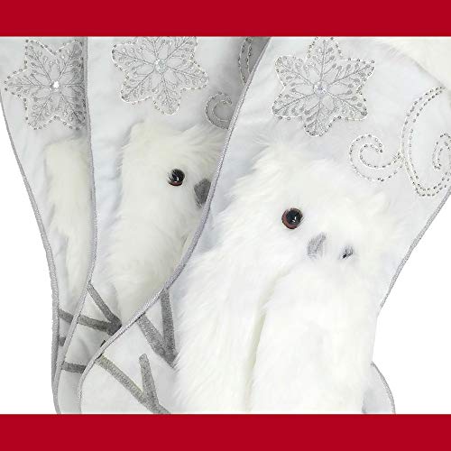 Silver Velvet Christmas Stockings - 3-Pack of 20 inch Holiday Stockings with Festive Owl Applique and Beaded Embroidery with Faux Fur Cuff