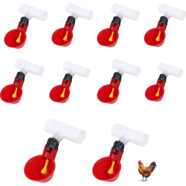 Automatic Plastic Chicken Drinker Cups, Automatic Poultry Waterer, 10Pcs Automatic Chicken Water Cups Drinker 1/2inch Tee Poultry Hen Feeding Tools Red for Livestock Chicken