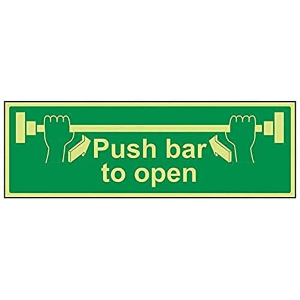 V Safety 22001BJ-G Glow In The Dark Push Bar To Open Sign - 450mm x 150mm - Rigid Plastic, Green — image 1