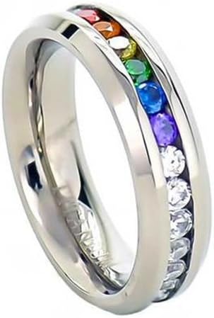 Rainbow Super Full String Clear & Rainbow Ring. Gay & Lesbian Pride Stainless Steel Ring (Great as Gay Gift or Wedding Marriage or Engagement Band w/CZ Stones)