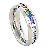 Rainbow Super Full String Clear & Rainbow Ring - Gay & Lesbian Pride Stainless Steel Ring (Great as Gay Gift or Wedding Marriage or Engagement band w/ CZ Stones). GLBT / LGBT Pride Jewelry (6)
