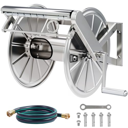 Stainless Steel Garden Hose Reel Heavy Duty, Wall Mount Water Hose Holder, 150 Feet of 5/8 Inch Hoses Capacity, Hose Reels with 5 ft Inlet Hose for Outside, Lawn, Yard, Garage