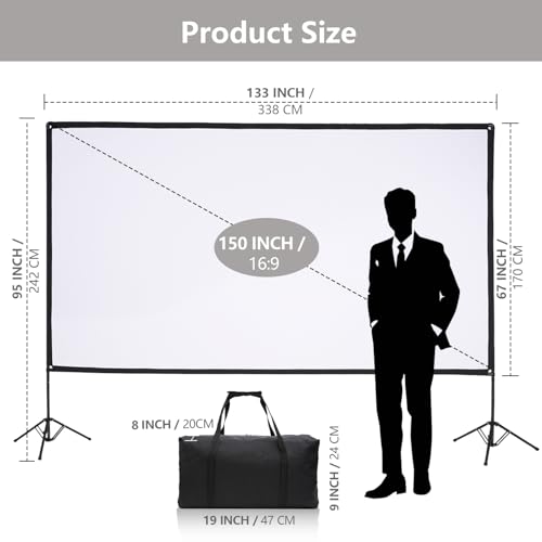 EMART Outdoor Projection Screen with Stand, 150 Inch Portable Indoor 16:9 4K HD Rear Front and Foldable Tripod with Carrying Bag for Home Theater Backyard Movies
