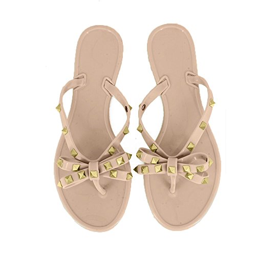 Utop Womenâ€™s Rivets Bowtie Flip Flops Jelly Thong Sandal Rubber Flat Slipper Summer Beach Rain Shoes Womens Gold Rivet Studded Bow Jelly Thong Flip Flop Sandals (US8.5=EU40=25CM, Beige)