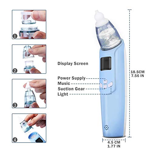 Deyace Baby Nasal Aspirator Electric, 3 Strength Vacuum Suction, LCD Display, Adjustable Music, Flashing Light, Snot/Booger Sucker Nose Cleaner for Newborn, Toddler, Infant (Electric, Blue) - Thumbnail 6