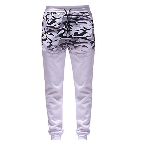 ANJUNIE Men Outdoor Trousers,Packwork Camouflage Black Splicing Drawstring Sport Pants(White,XL)