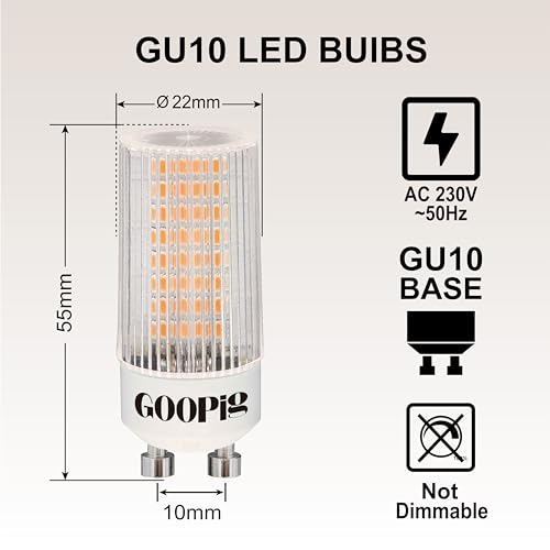 Goopig GU10 LED Corn Bulbs 3.5W Warm White 2700K, Equivalent to 50W Halogen Lamp, 385 Lumens, Clear Cylindrical T22, No Flicker, Non-Dimmable, 360° Beam Angle, 6 Pieces