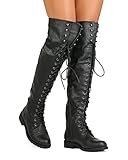 Nature Breeze FG08 Women Leatherette Over The Knee Lace Up Combat Boot - Black