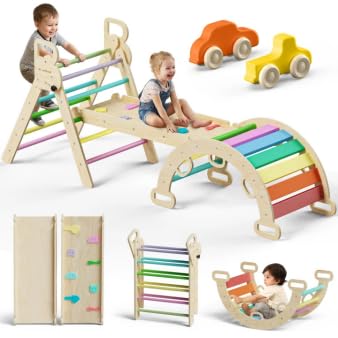 BlueWood Pikler Triangle Set 7in1 Foldable Baby Climbing Toys Wooden Montessori Climbing Set with Arch&Ramp&Ladder Baby Climber Indoor Jungle Gyms for Toddlers Montessori Toys - Colorful Image