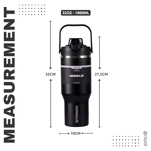 RIIZZLR® 1000ml Insulated Water Bottle Tumbler with 2-in-1 Straw & Sip Lid – Stainless Steel Vacuum Flask, Double Wall, BPA-Free, Leakproof, Wide Mouth, Keeps Drinks Hot 12H / Cold 24H (Black)