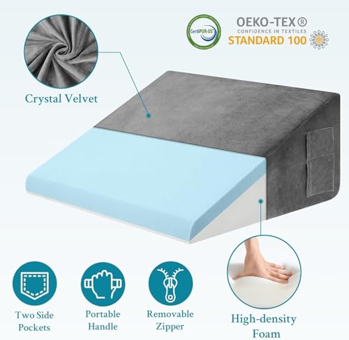 Wedge Pillow for Sleeping, 8 inch Bed Wedge Pillow, Elevated Body Pillow for Back Support, Acid Reflux, Leg, Neck Pain, Snoring, Triangle Pillow - Cooling Memory Foam Top (Grey)