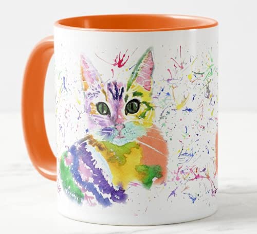 Vixar Kitten Cat Watercolour Rainbow Art Coloured Mug Cup, Gift, Birthday, Work, Office, Christmas Tea Coffee (Orange)