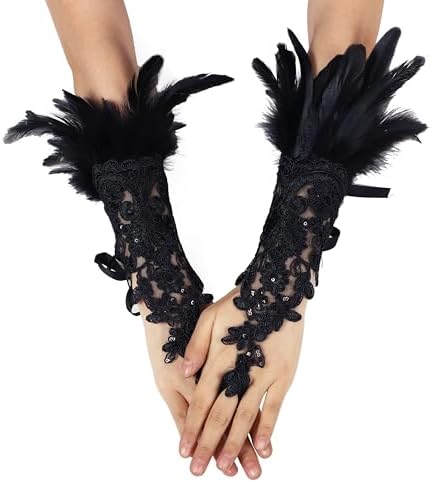 Muñequeras De Plumas Góticas – 1 Par De Brazaletes De Encaje Con Ala De Plumas – Accesorio Para Cosplay, Halloween Y Fiestas