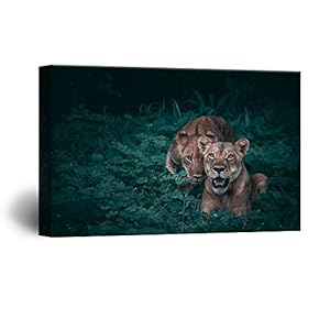 Canvas Wall Art - Two Lions Crawling in The Bush - Giclee Print Gallery Wrap Modern Home Art Ready to Hang - 12x18 inches