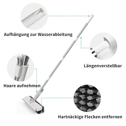 AIR U+ Scrubber with Handle - Tile Cleaner with Squeegee Floor 3 in 1, Telescopic Handle Floor Brush for Cleaning Shower, Bathroom, Patio, Pool, Garage, Kitchen, Wall and Deck