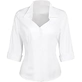 YARN & INK Women's Solid Classic-Fit Casual Blouses Button Down 3/4 Sleeve Dress Shirt 1950s Retro Elegant Work Office Tops