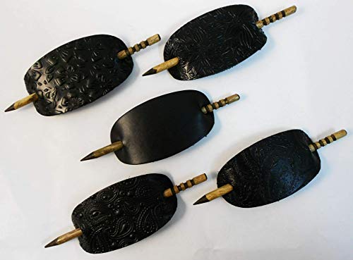 2 Large Leather Hair Barrettes w Sticks, Oval Shape Ponytail Holders, Choice of Design