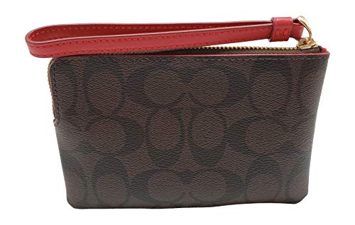 Coach Signature PVC Leather Corner Zip Wristlet (Brown True Red)