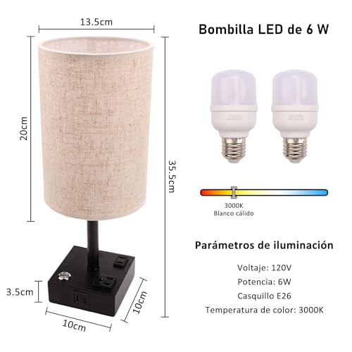 LONGLIV 2 Pcs Lampara de Buró, Lámpara de Mesita de Control Táctil, Lámpara de Mesita de Noche, Brillo de 3 Niveles, con Puerto USB, Puerto Type-C y 2 Toma de Corriente (Bombilla LED Incluida) (2)
