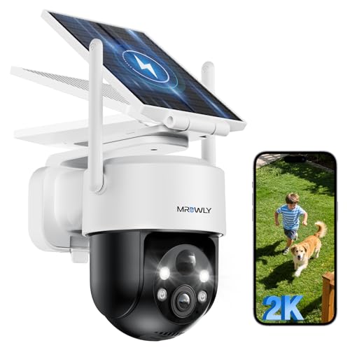 Mrowly 2K Outdoor Solar Surveillance Camera, 360° PTZ WiFi Camera Outdoor Wireless with Removable Solar Panel, 2.4 GHZ, PIR Motion Detection, Colour Night Vision, 2-Way Audio, IP66, for Garden, Yard