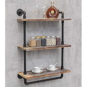 DOFURNILIM Industrial Retro Wall Mounted Iron Water Pipe Shelf - Hung Bracket - DIY Storage Shelving Bookshelf - Wood Shelf (24