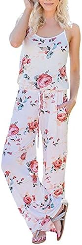 Assivia Womens Summer Floral Printed Strap Sleeveless Casual Wide Long Pants Jumpsuits Rompers (L, White)
