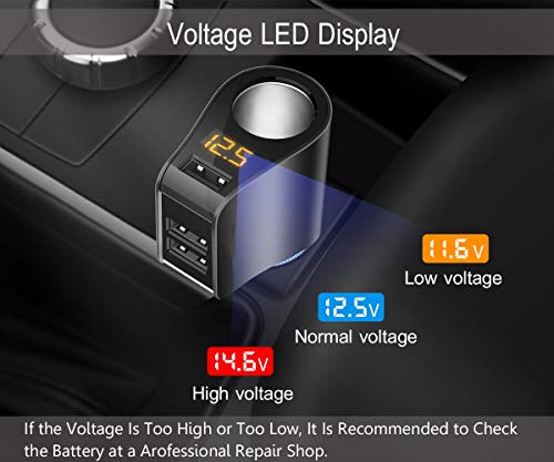Car Charger Extension Cigarette Lighter Adapter,Socket Splitter with 3 USB and Voltage Meter,Compatible for iPhone 8/7/X/6S/XR,iPad,Samsung Galaxy S9/S8,iPad,GPS,Android Phone (Black)