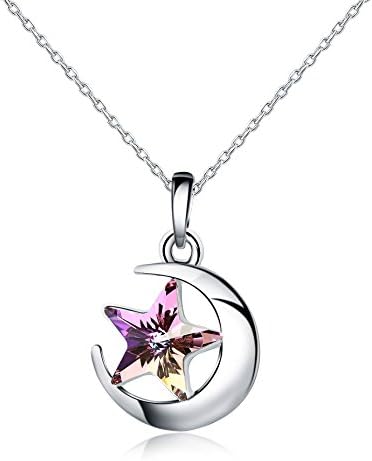 HERMOSO Moon And Star Pendant necklace for women, Made with Swarovski Crystal,Platinum plating jewellery chain 16“+2"