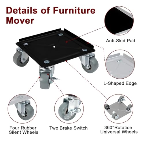 Furniture Lifter Mover 360 Rotation Wheel, Furniture Moving Slider Roller Load 400KG Heavy Duty 4Pcs Furniture Dolly Lifter, 62cm Long Crowbar Mover Tool for Heavy Furniture Cabinet Refrigerator Sofa