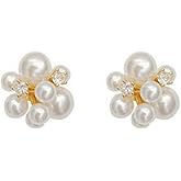 Unique Pearl Cluster Stud Earrings for Women,Statement White Simulated Pearls Earrings Wedding Bridal