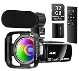 Besungo Ultra HD 4K Camcorder Video Camera with Rechargeable Microphone 2.4G Remote Control Vlogging YouTube Camera 60FPS 48MP IR Night Vision with Wide Angle Lens, Lens Hood, Batteries